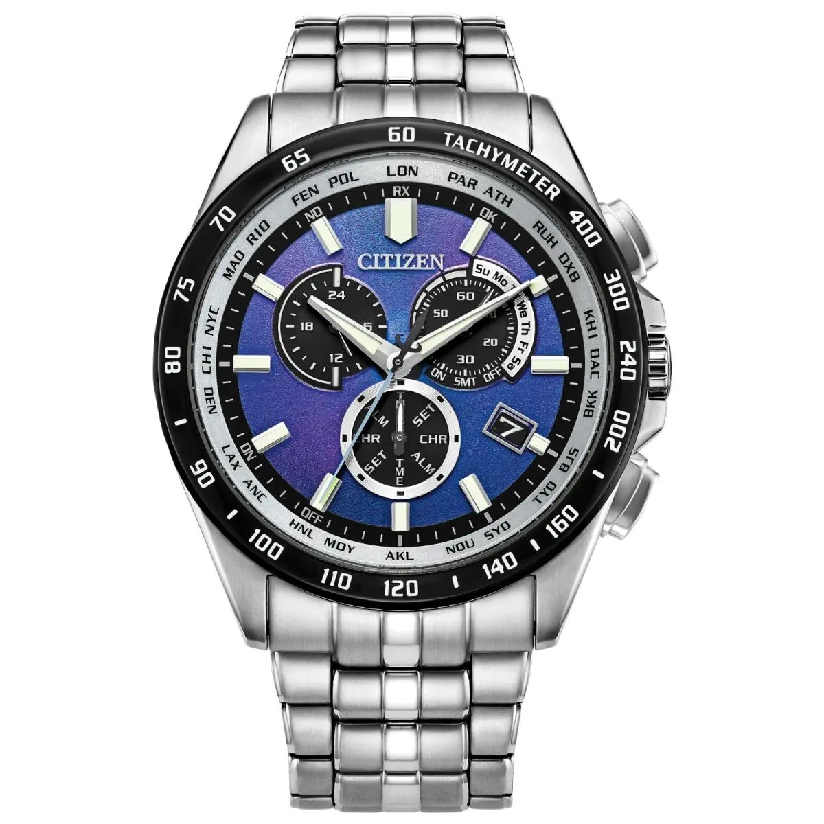 Citizen Pcat Radio-controlled 43MM Men`s Watch CB5874-81L World Time - Dial: Blue, Band: Silver, Bezel: Black