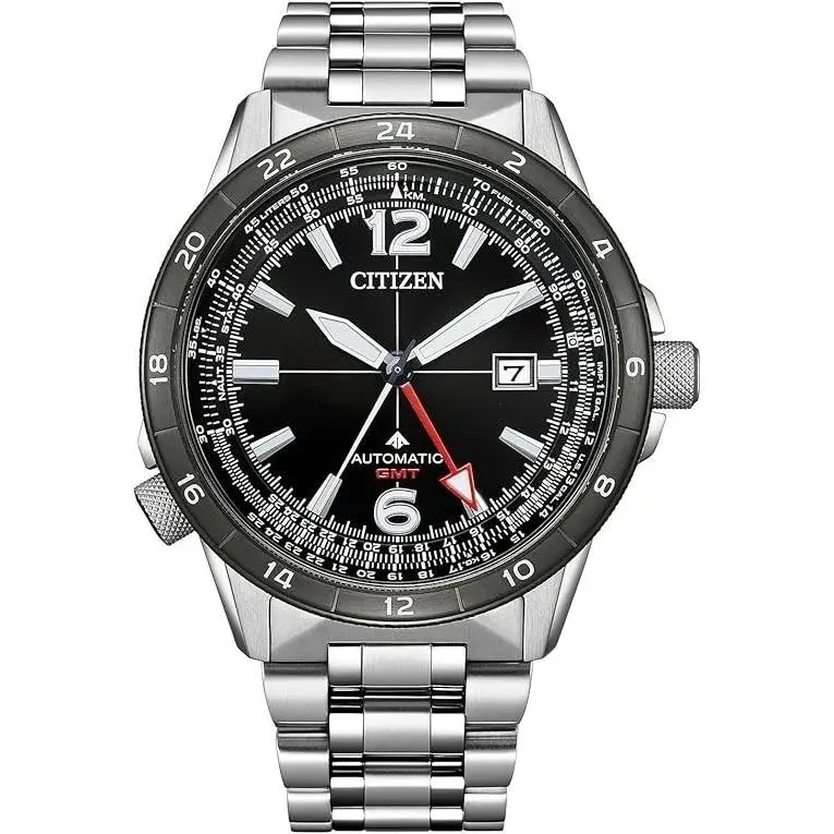 Citizen Promaster Sky NB6046-59E Silver Gmt Automatic Mechanical Watch Men - Dial: Black, Band: Silver, Bezel: Black, Silver