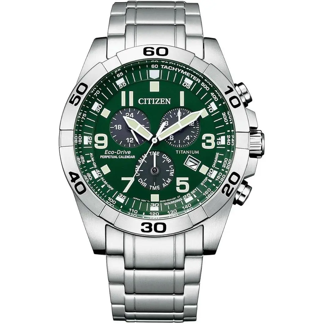 Citizen BL5550-50X Brycen Super Titanium Eco-drive Chronograph Perpetual Watch - Dial: Green, Band: Silver, Bezel: Silver