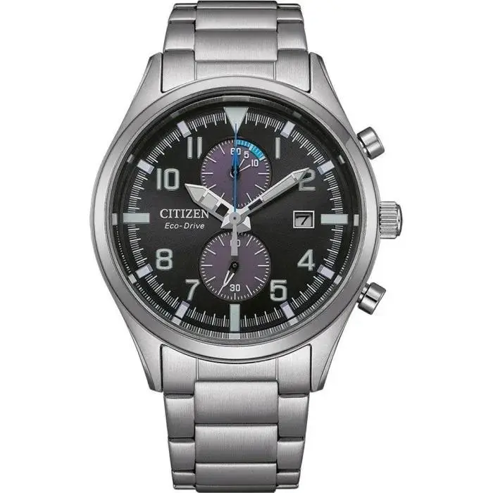 Citizen Eco-drive Chronograph Black Date Dial Steel Men`s Watch CA7028-81E