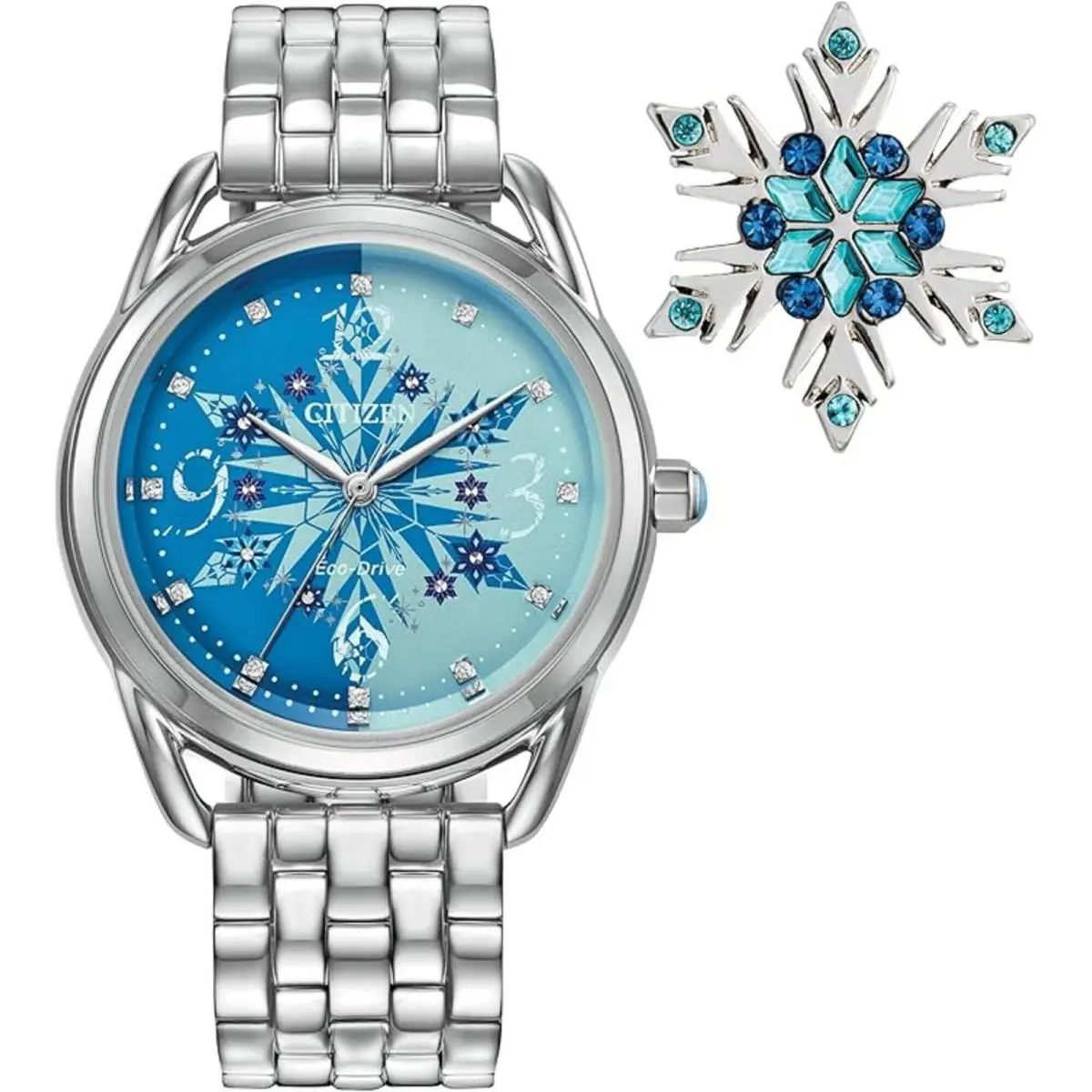 Women`s Watch and Pin Gift Set Frozen Snowy Design Blue Dial FE7091-61W by Citizen