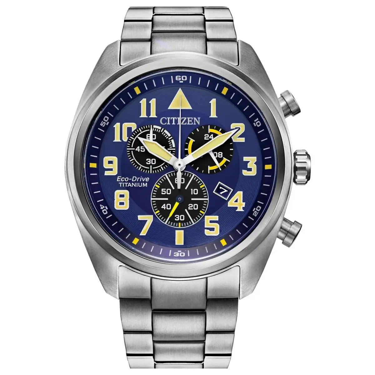 Citizen AT2480-57L Garrison Eco-drive Super Titanium Collection Chrono Watch - Dial: Blue, Band: Silver, Bezel: Silver