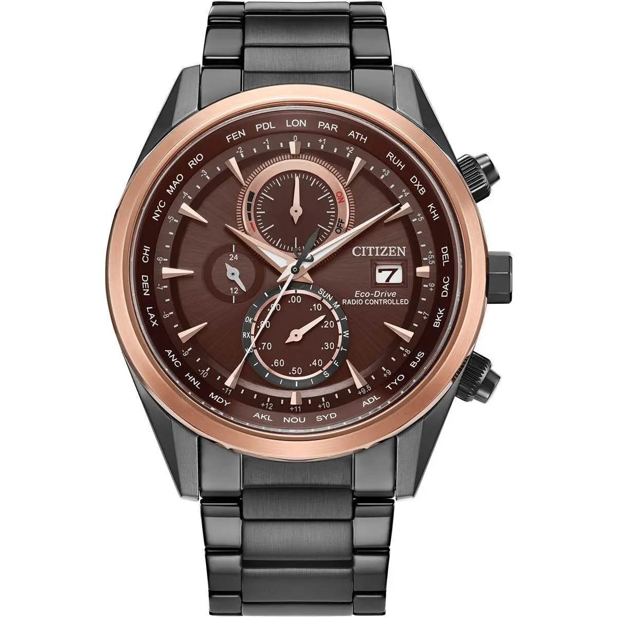 Citizen Eco Drive World Time Chronograph Atomic Perpetual Watch AT8267-51X - Dial: Red, Band: Gray, Bezel: Rose Gold