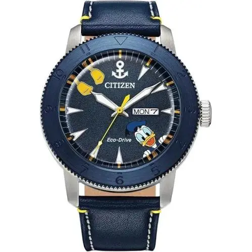 Citizen AW0075-06W Donald Duck Disney Eco-drive Blue Leather Strap Men`s Watch