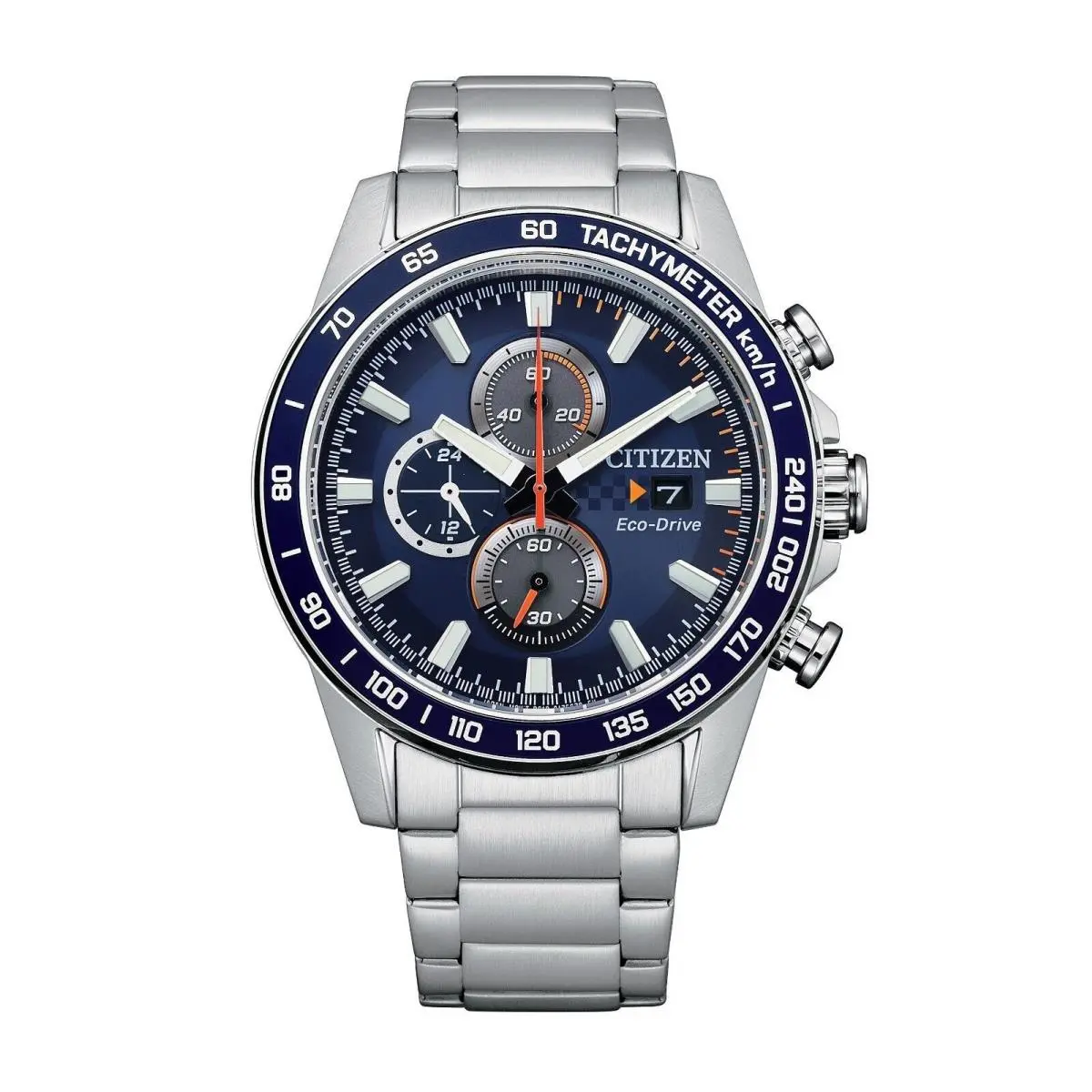 Citizen Men`s Weekender 44mm Eco-drive Chronograph Watch CA0781-50L - Dial: Blue, Band: Silver Tone, Other Dial: Blue