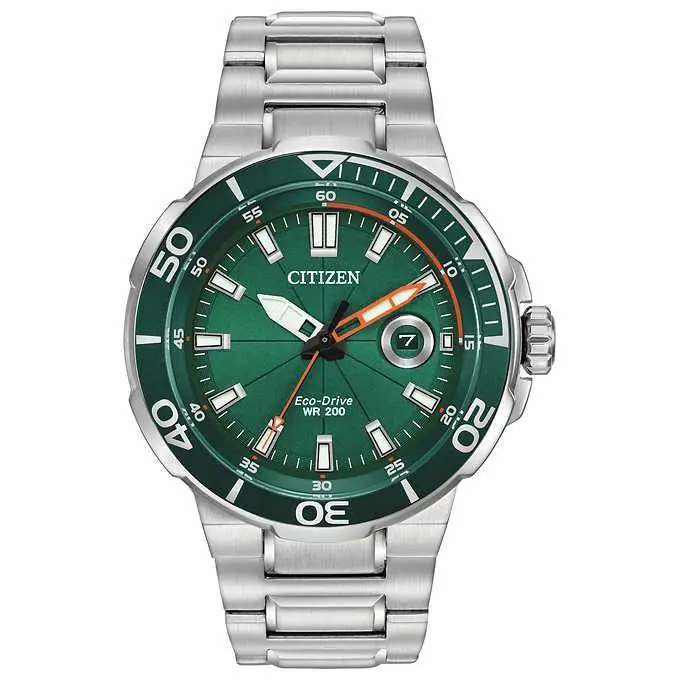 Citizen AW1428-53X Eco-drive Endeavor Stainless St. Green Dial Men`s Watch - Dial: Green, Band: Silver, Bezel: Green
