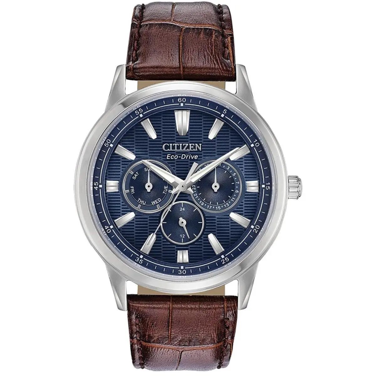 Citizen BU2070-12L Men`s Corso Eco-drive Blue Dial Day-date Watch - Dial: Blue, Band: Brown, Bezel: Silver