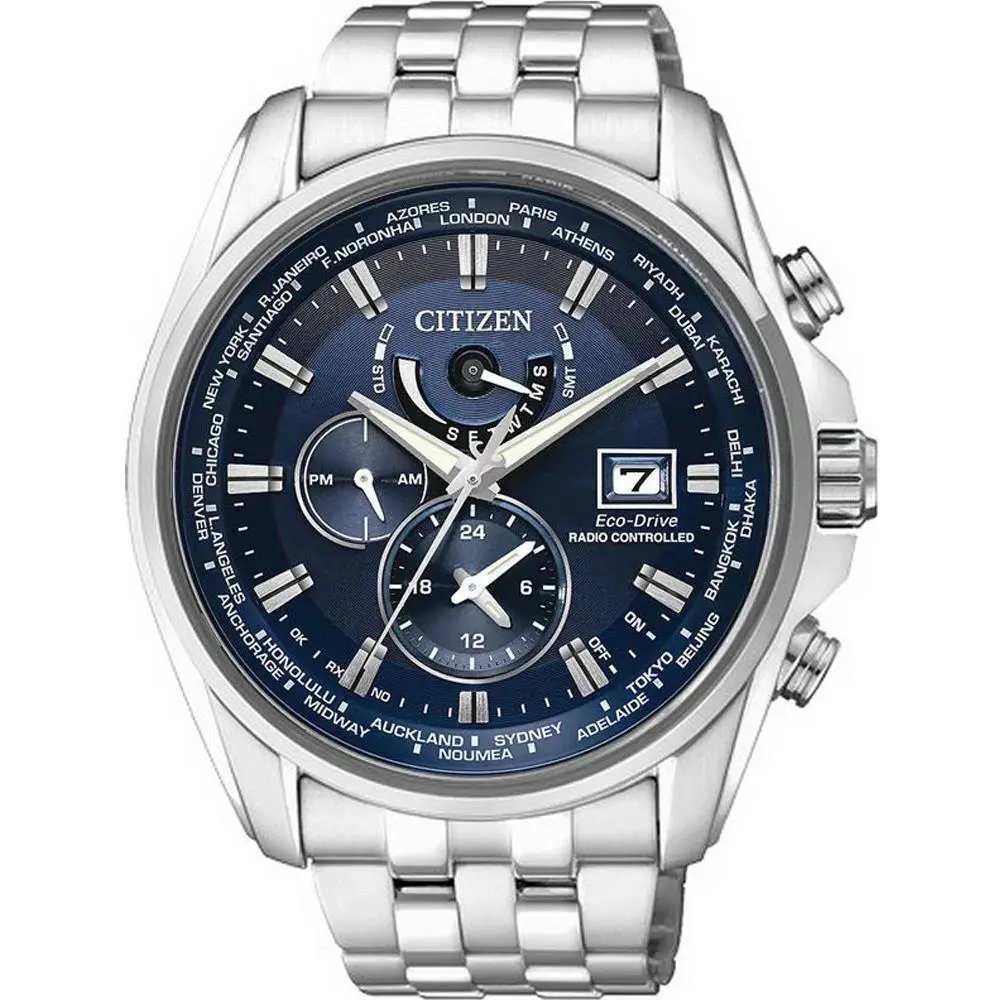Citizen AT9030-55L Eco-drive Radio Controlled Pilot Dual Timer Date Men`s Watch - Dial: Blue, Band: Silver, Bezel: Silver
