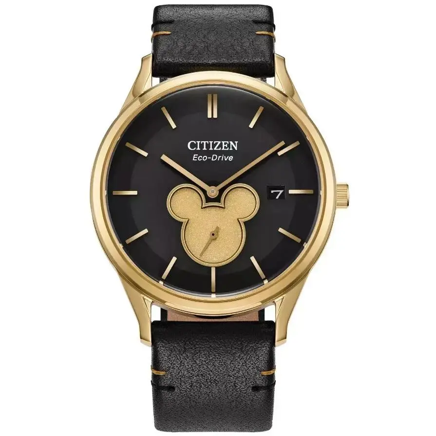 Citizen BV1132-16W Disney Mickey Mouse Eco-drive Black Leather Band Watch - Dial: Black, Band: Black, Bezel: Gold