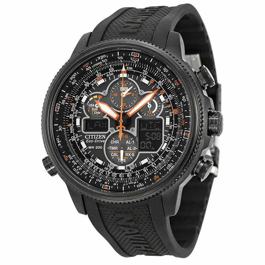 Citizen JY8035-04E Eco Drive Men`s Navihawk Atomic World Time Watch - Dial: Black, Band: Black