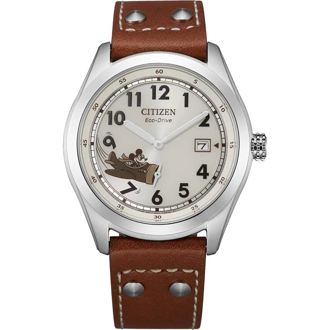 Citizen BV1088-08W Eco-drive Vintage-inspired Disney Mickey Aviator 40mm Watch - Dial: Ivory, Band: Brown, Bezel: Silver