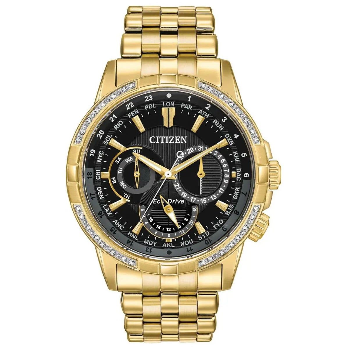 Citizen BU2082-56E Calendrier Eco-drive World Time Diamond Gold Tone Mens Watch - Dial: Black, Band: Gold