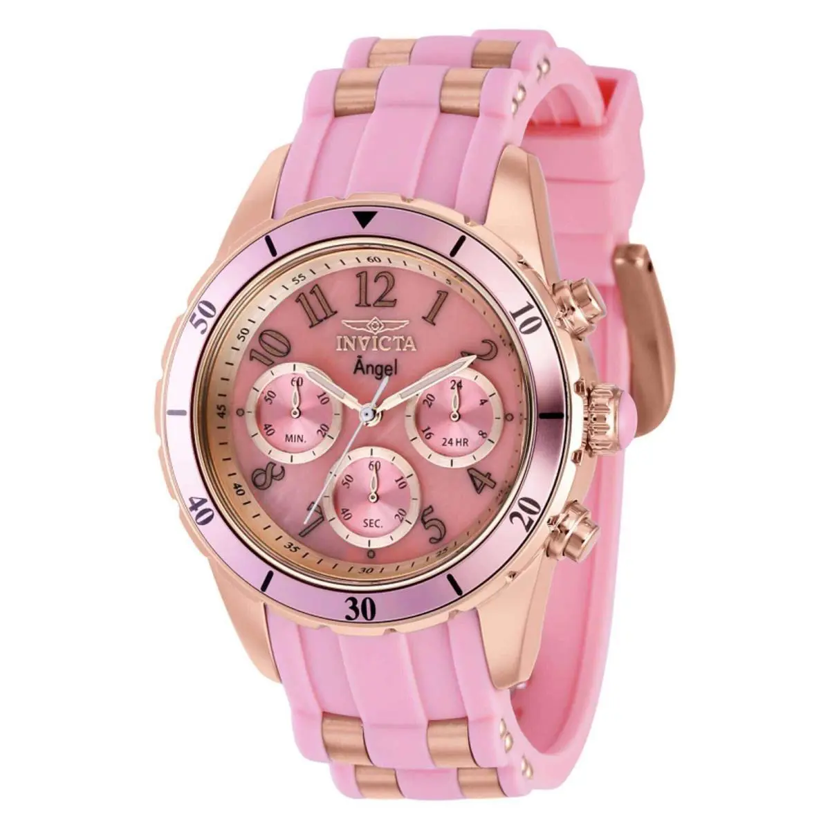 Invicta Women`s Watch Angel Quartz Chronograph Pink and Rose Gold Strap 39345 - Dial: Pink, Band: Multicolor, Bezel: Pink