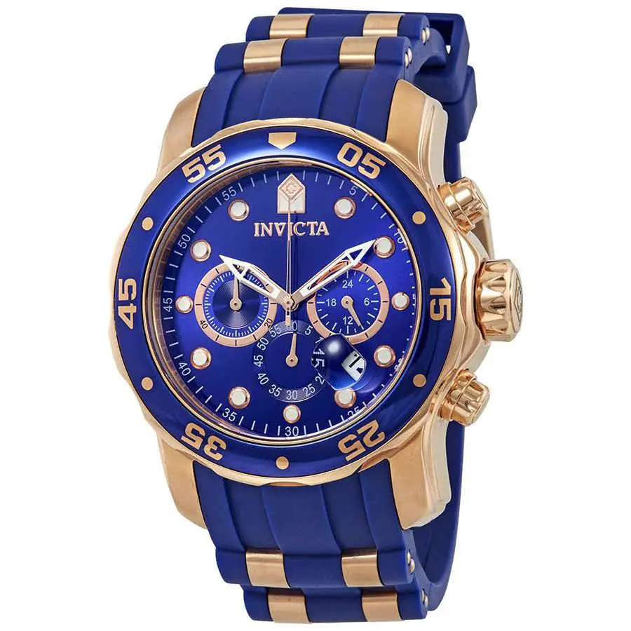 Invicta Pro Diver Chronograph Blue Dial Men`s Watch 18197 - Dial: Blue, Band: Two-tone (Blue and Rose Gold-tone), Bezel: Rose Gold-tone