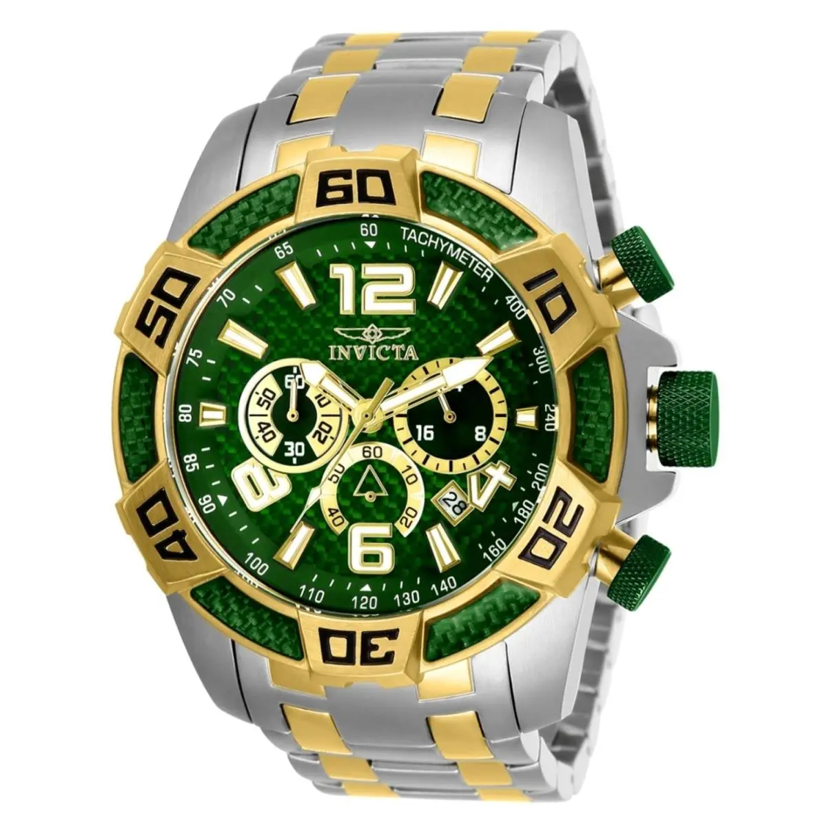 Invicta Men`s Chronograph Watch - Pro Diver Green Dial Two Tone Bracelet 25857