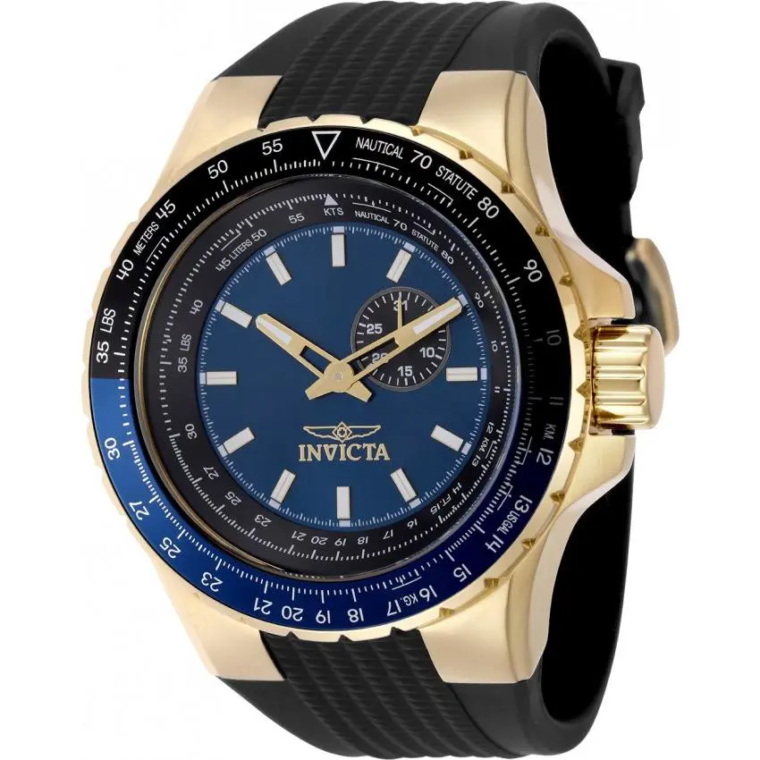 Invicta Aviator Quartz Blue Dial Men`s Watch 49719 - Dial: Blue, Band: Black, Bezel: Gold-tone