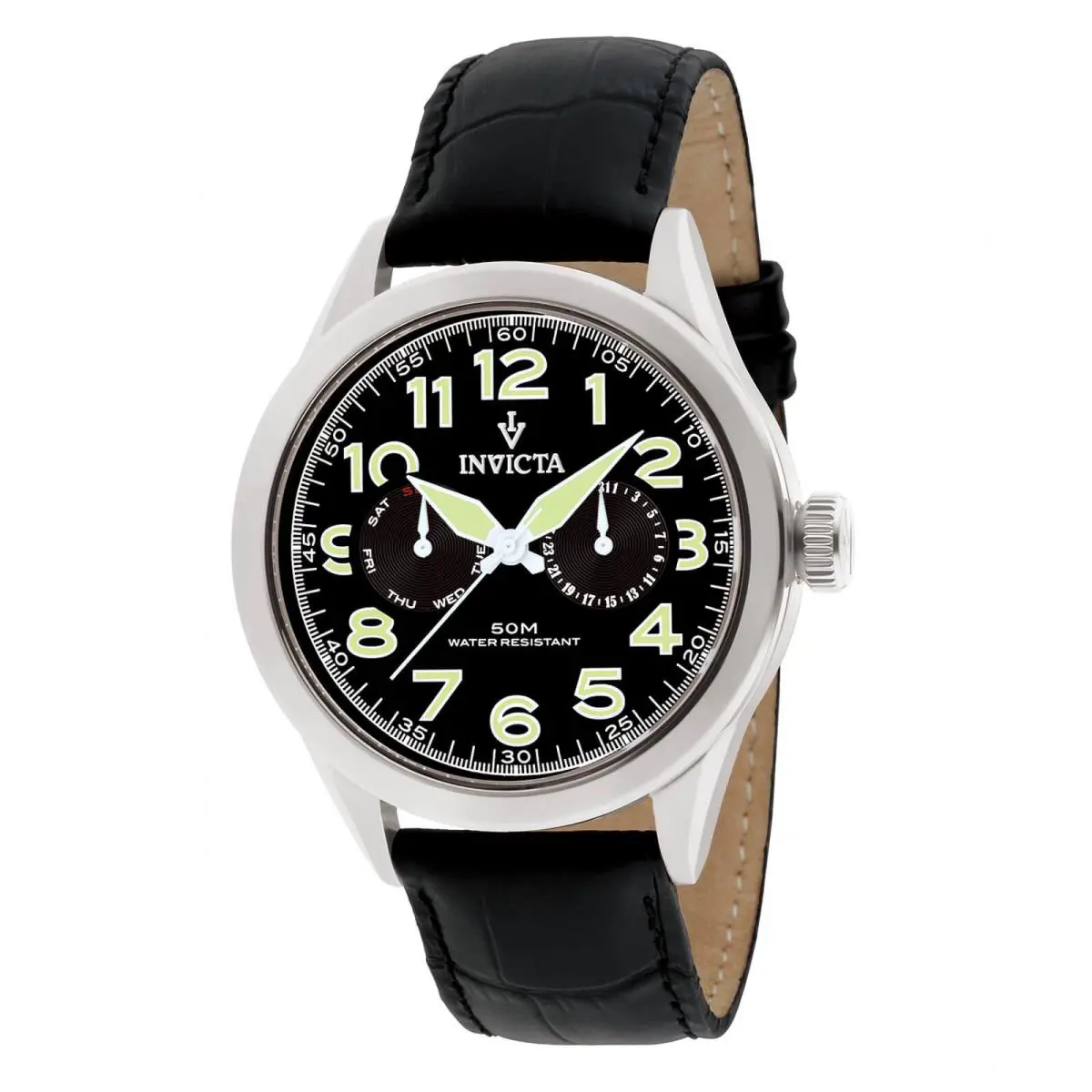 Invicta Men`s Watch Vintage Black Leather Strap Quartz Black Dial 11741 - Dial: Black, Band: Black