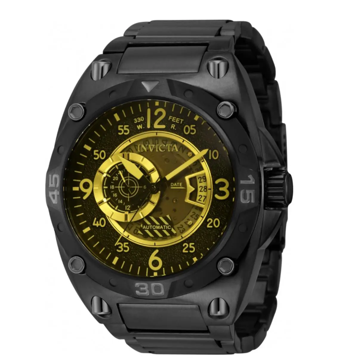 Invicta Aviator Deep Radar Men`s 50mm Automatic Yellow Tinted Watch 40280 - Dial: Black, Yellow, Band: Black, Bezel: Black, Gray