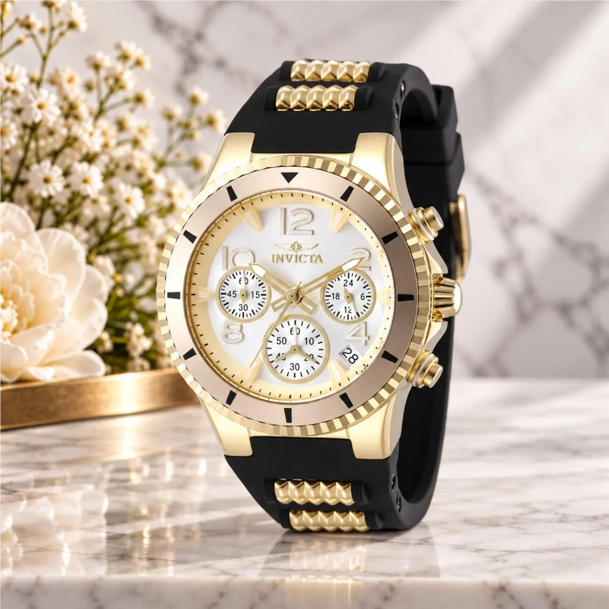 Invicta Blu Women`s 39mm Silver Dial Gold Case Black Silicone 49804