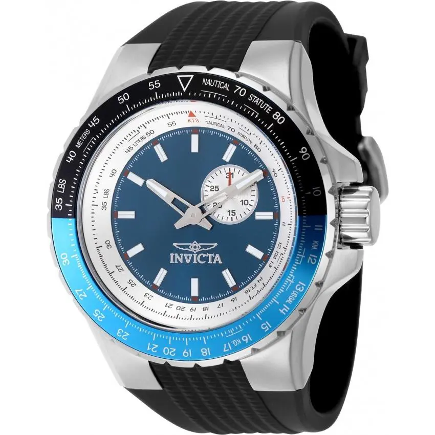 Invicta Aviator Quartz Blue Dial Men`s Watch 49717 - Dial: Blue, Band: Black, Bezel: Silver-tone