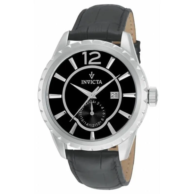 Invicta 12193 Vintage Collection Gmt Date Black Leather Strap Mens Watch - Dial: Black, Band: Black, Bezel: Silver