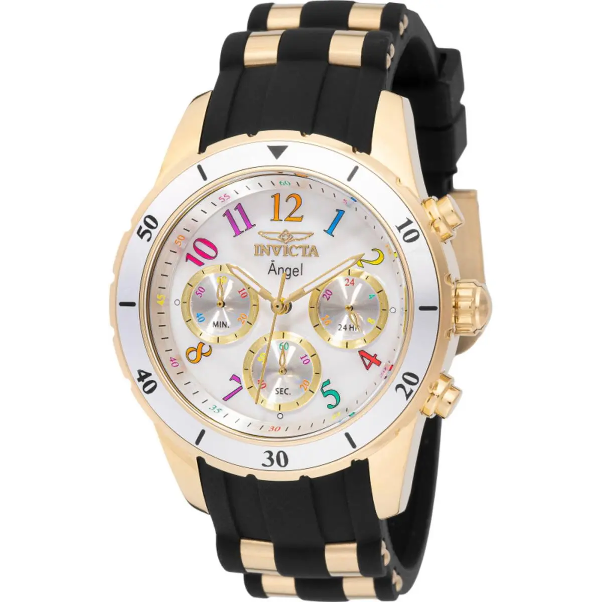 Invicta Women`s Watch Angel Quartz White Dial Black and Yellow Gold Strap 49803