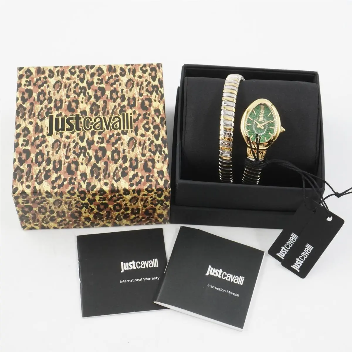 Just Cavalli Eclisse Gold Silver Snake Wrap Quartz 22mm Watch with Green Dial
