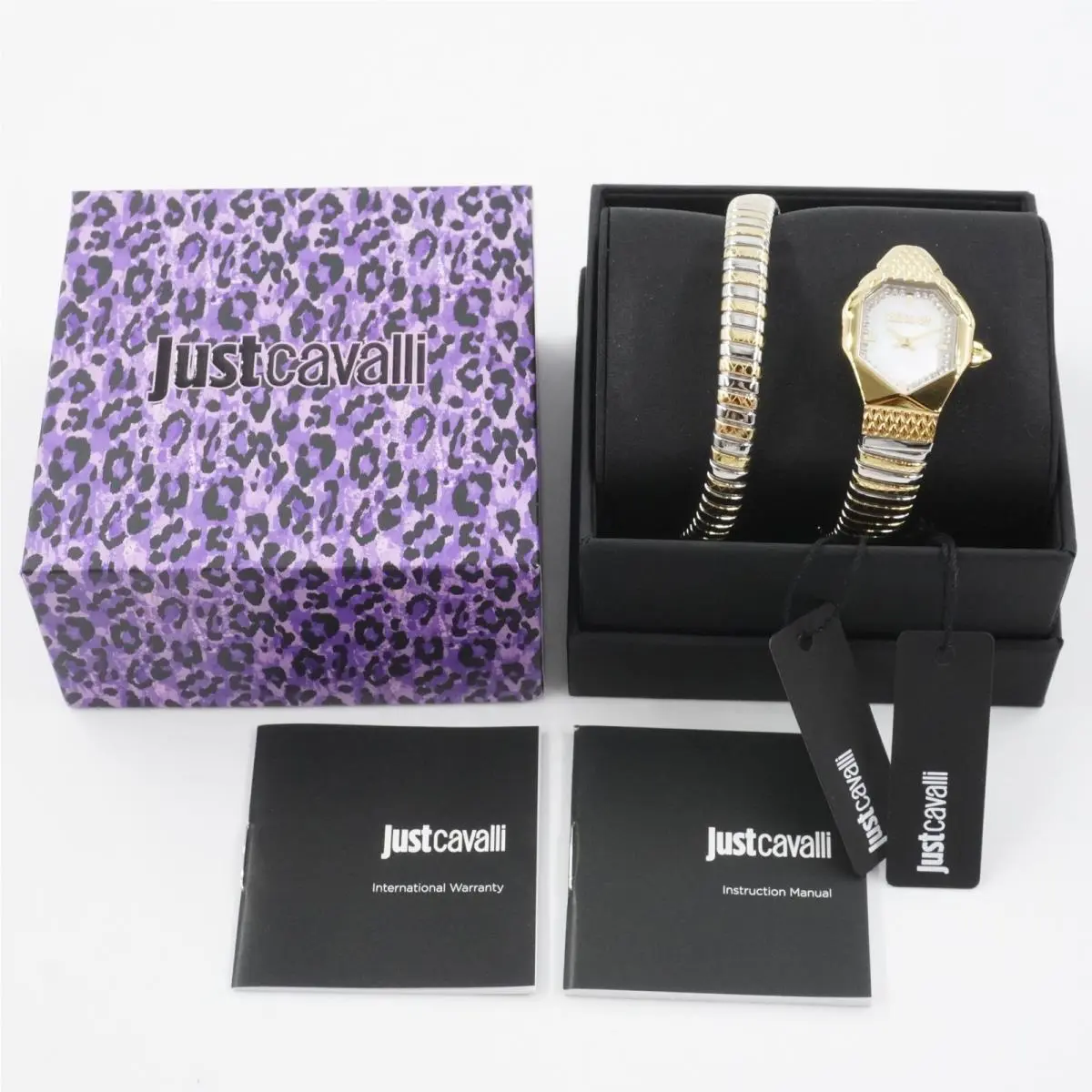 Just Cavalli Aria Two-toned Gold Silver Quartz Snake Wrap Watch with Mop Dial
