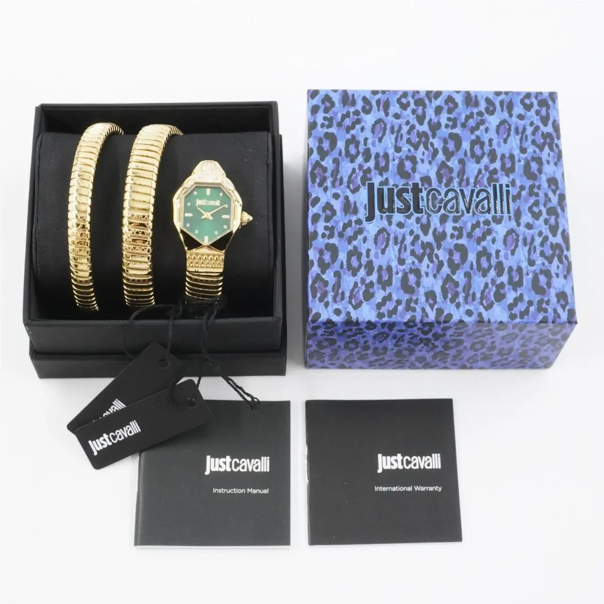 Just Cavalli Ambra Gold-tone Snake Wrap 22mm Quartz Watch with Green Dial