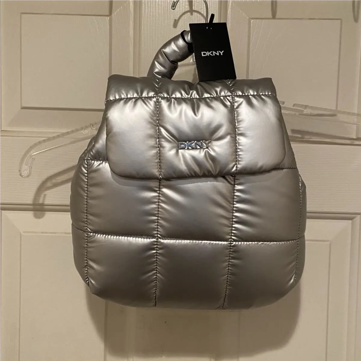 Dkny Giania Metallic Silver Women’s Backpack Puffy Puffer 11” T 11” W