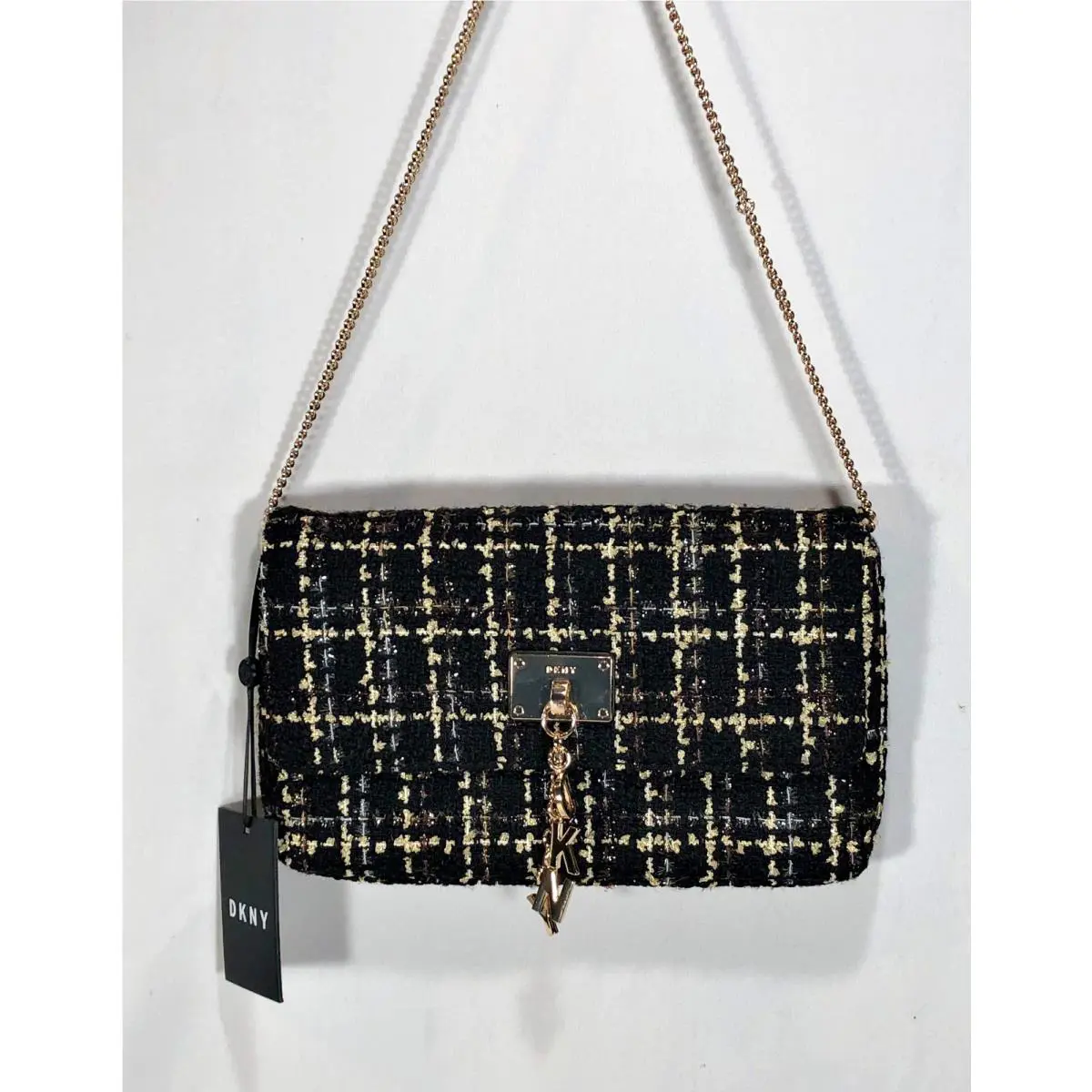 Dkny Cleo Black Gold Tweed Print Gold Tone Chain Shoulder Handbag Purse