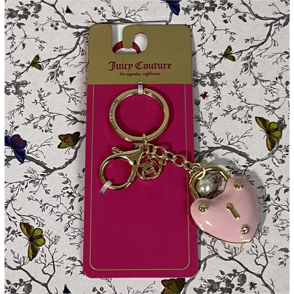 Juicy Couture Enamel Heart Padlock Keychain Bag Charm Pink Rhinestones Pearl