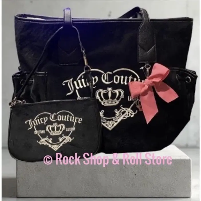 Viral Juicy Couture Royal Girlie Black Velvet Tote Bag Wristlet Set