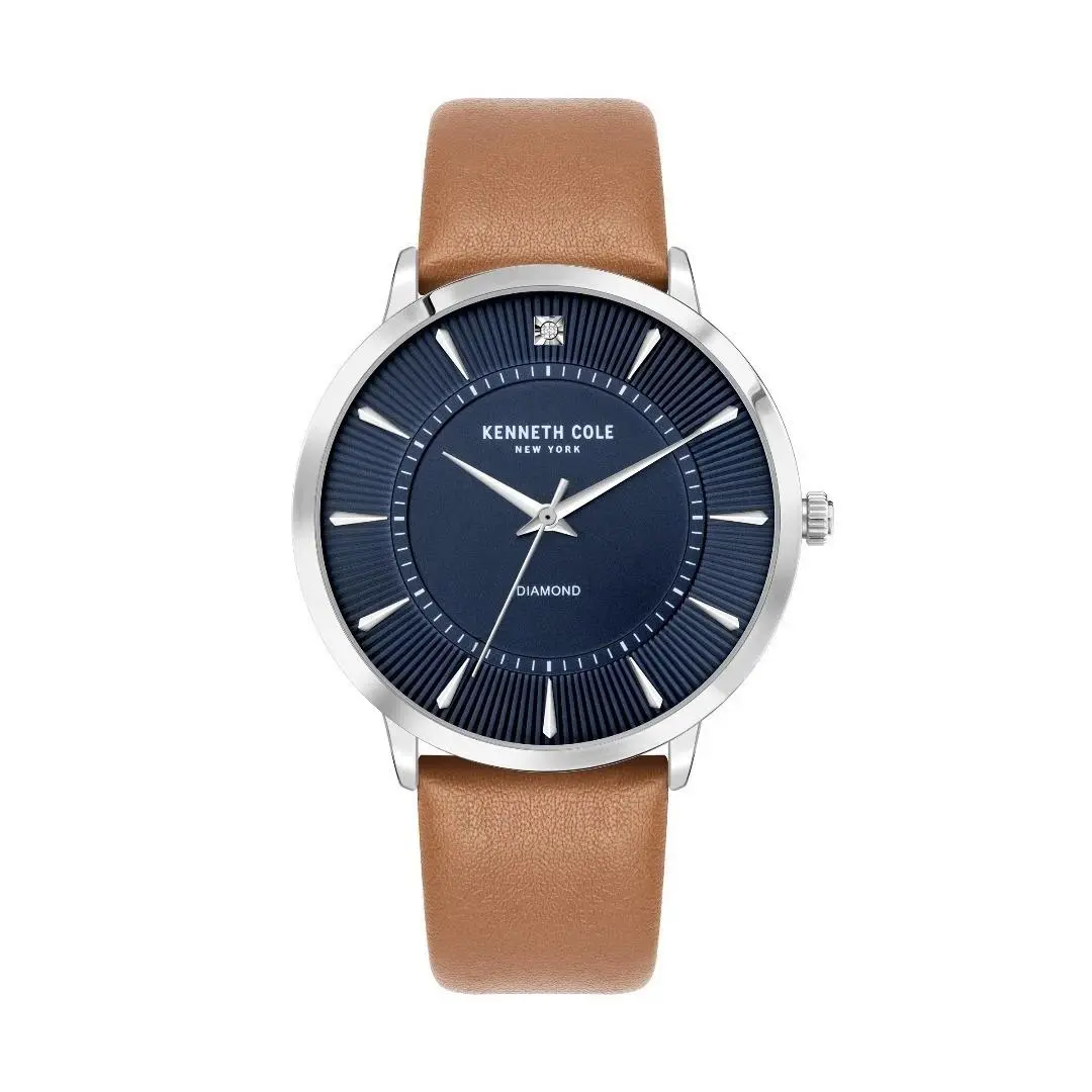 Men`s Watch Quartz Diamond Blue Dial Tan Leather Strap KCWGA2653002 by Kenneth Cole