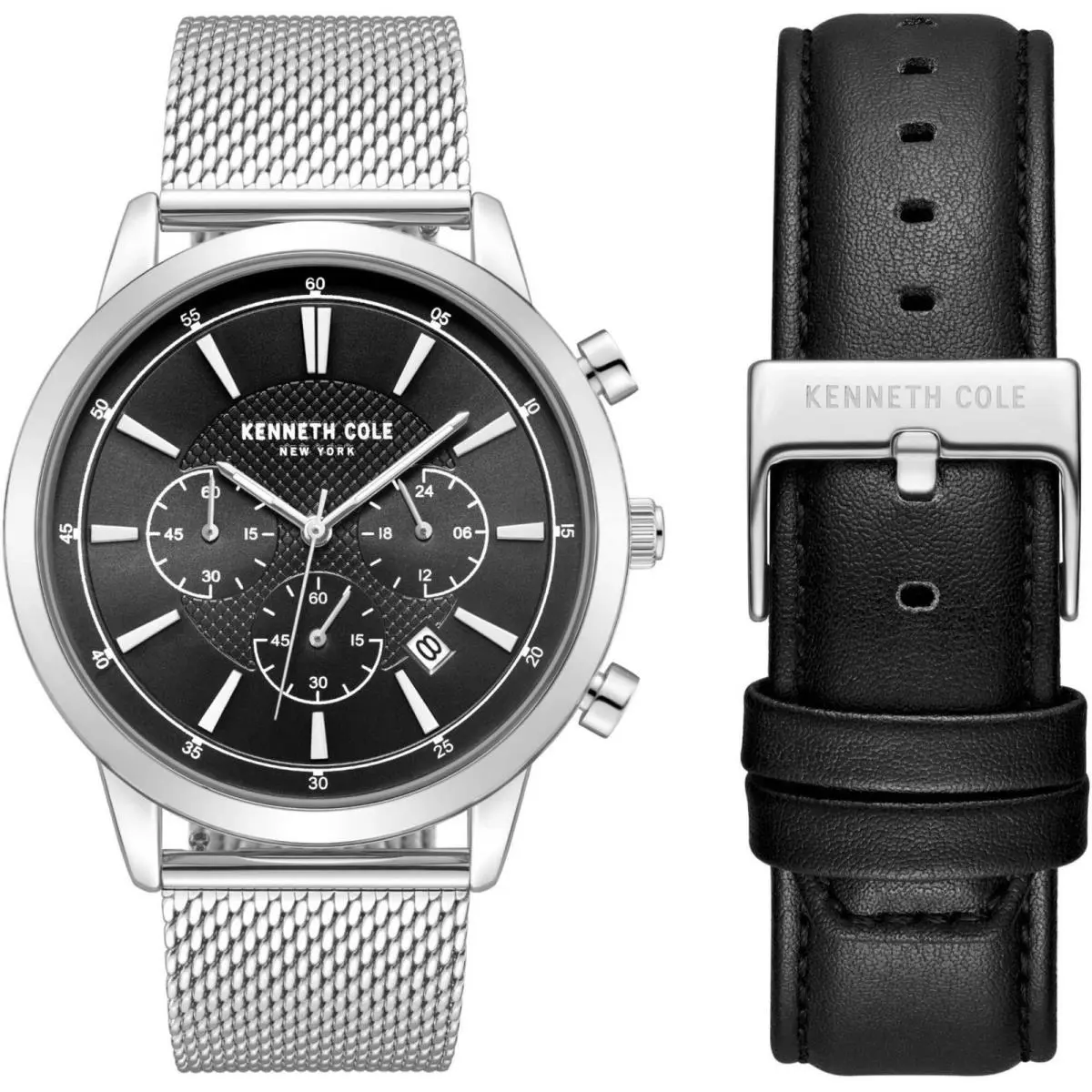 Kenneth Cole Men`s Watch Chronograph Black Dial Silver Bracelet KCWGK7007201