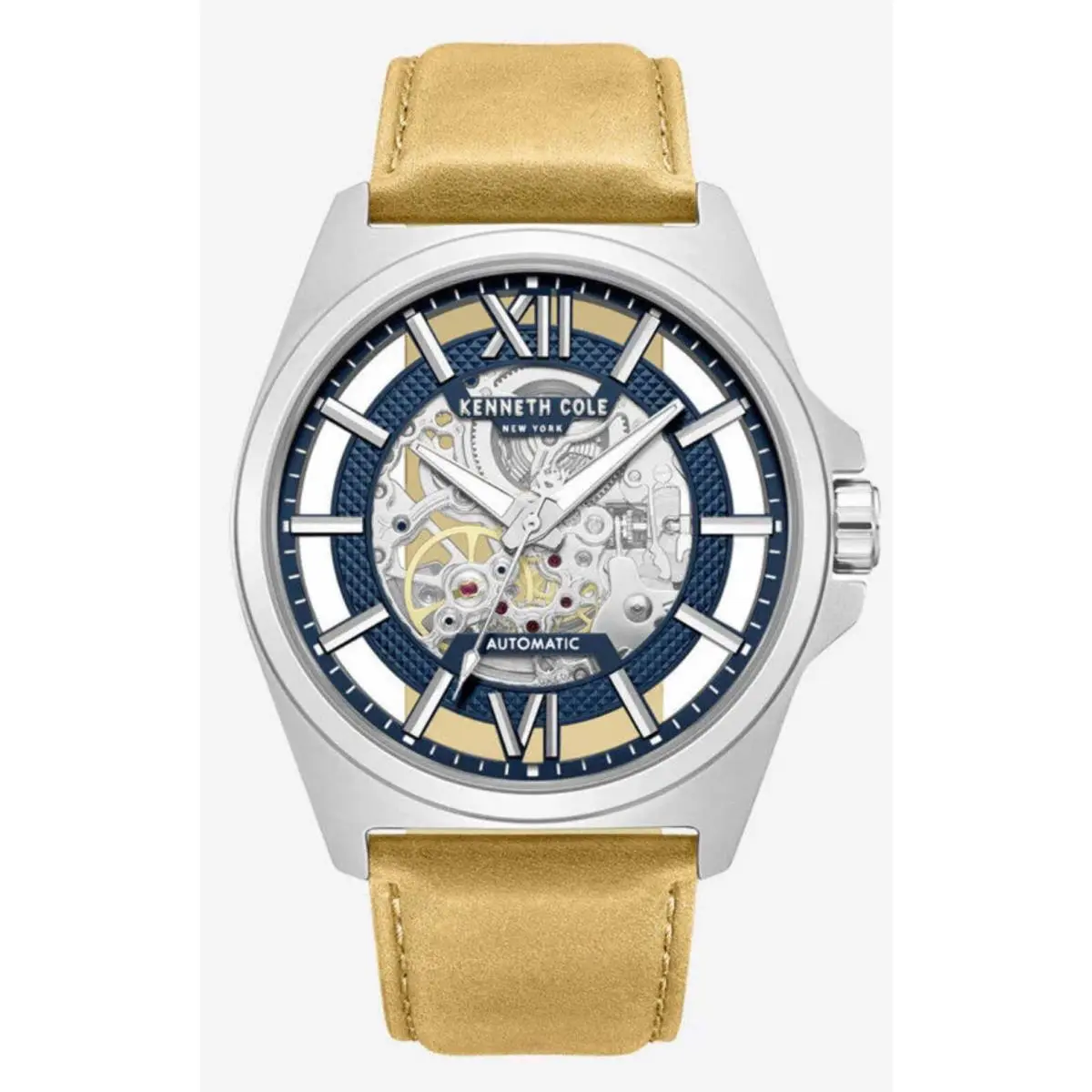 Kenneth Cole KCWGX0065102 Mens Skeleton Automatic Leather Strap Watch Blue Dial - Silver, Band: Yellow