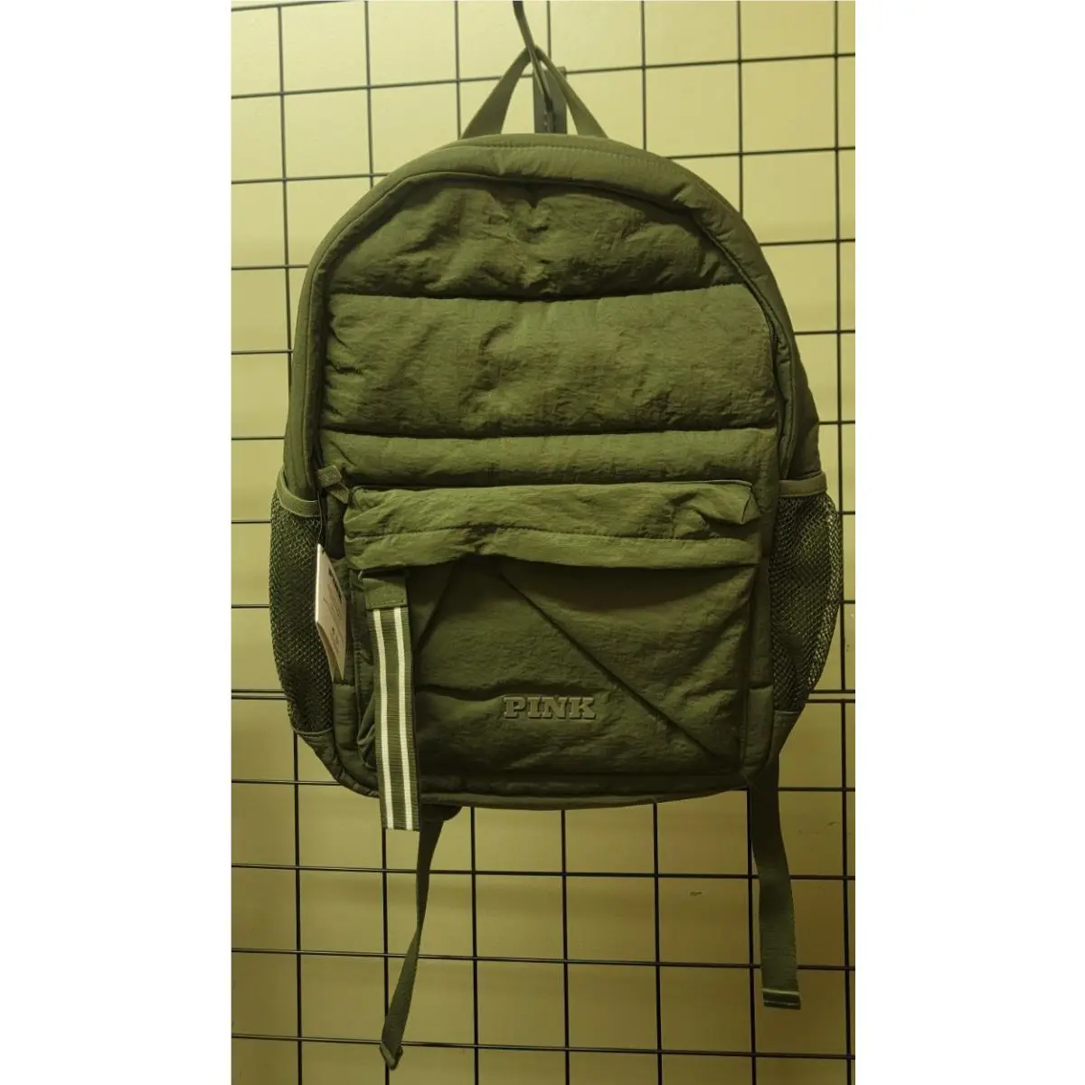 Victoria`s Secret Pink Campus Quilted Puffer Backpack Army Green by Victoria's Secret
