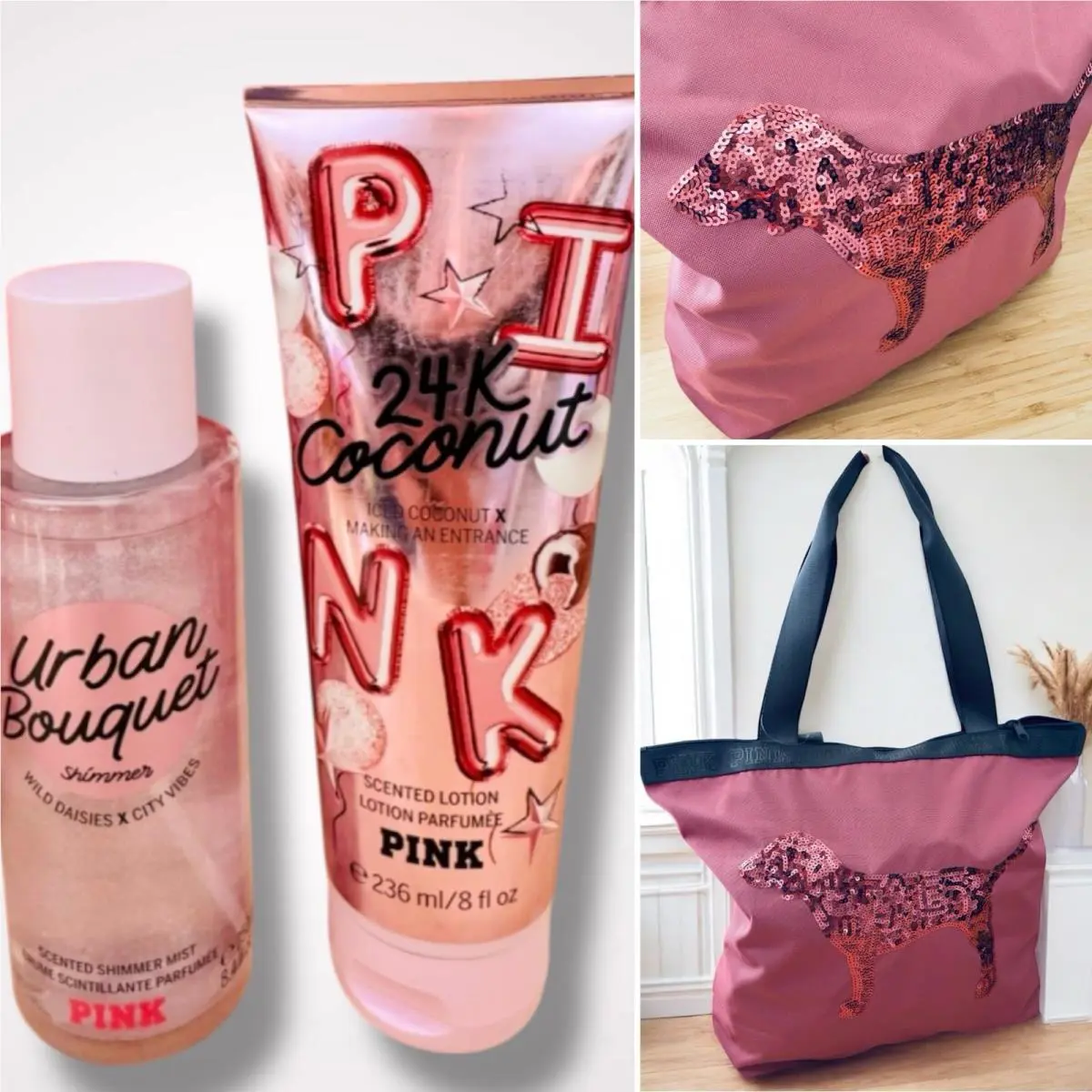 Victoria’s Secret Pink Urban Bouquet Shimmer Mist Lotion Bling Dog Tote 3PC