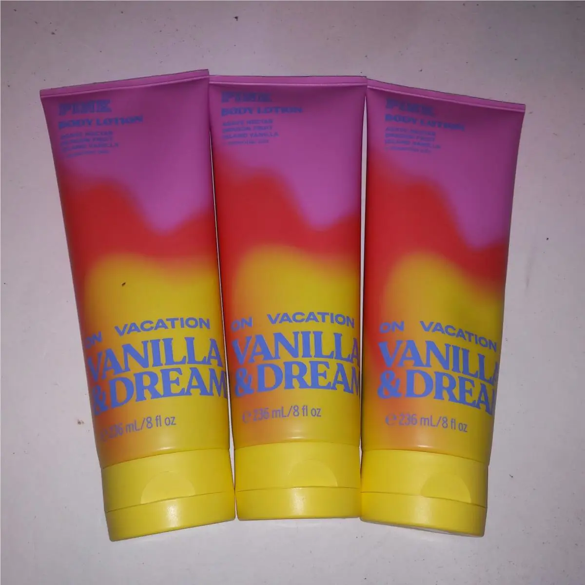 Victoria`s Secret Pink Body Lotion Set of 3 On Vacation Vanilla Dream