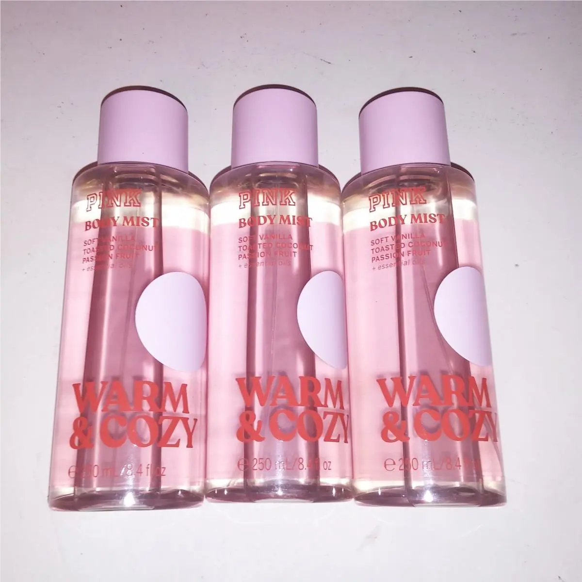 Set of 3 Victoria`s Secret Pink Fragrance Mist Body Spray Warm Cozy Full Size