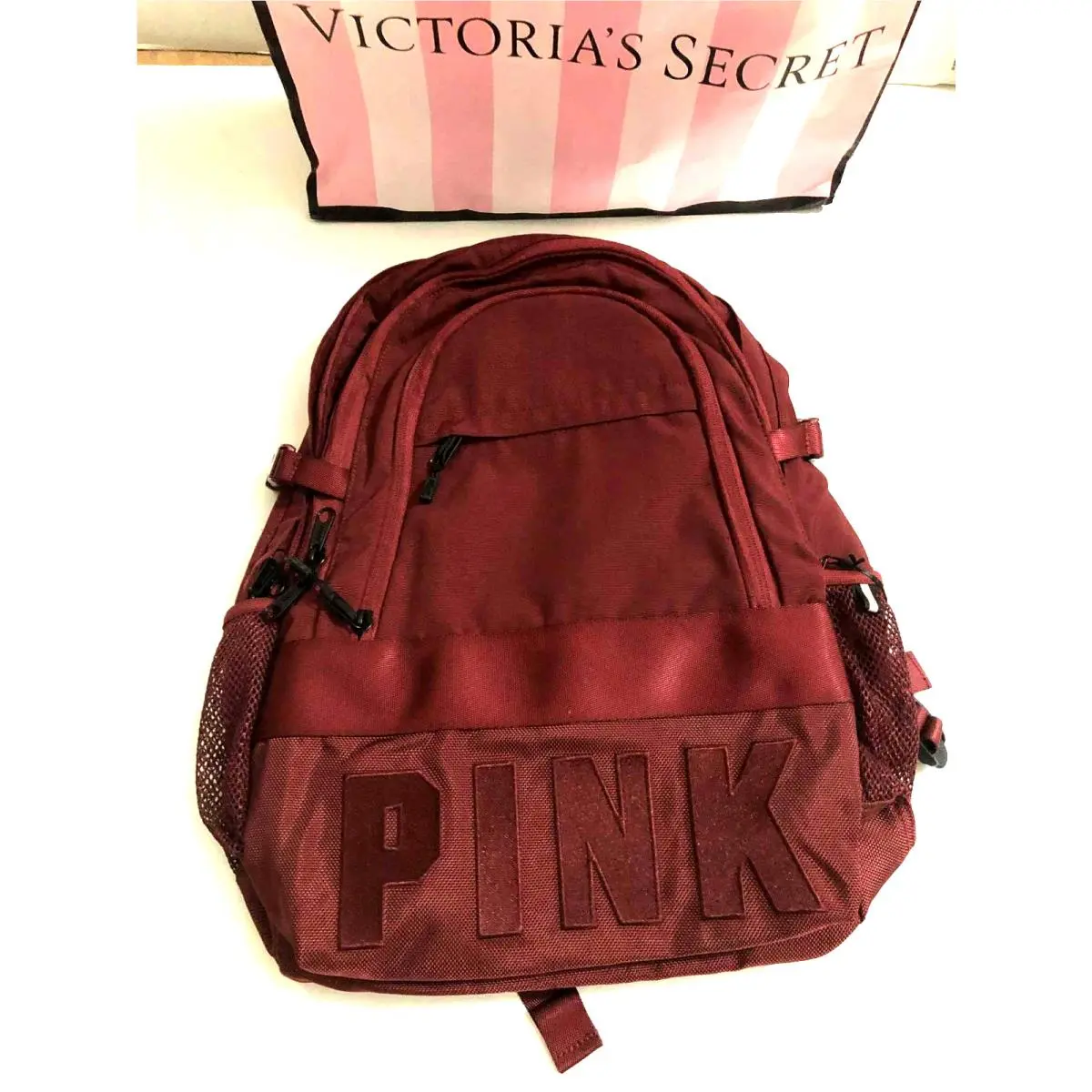 Victoria`s Secret Pink Collegiate Backpack Full Size School Bag Maroon Ruby