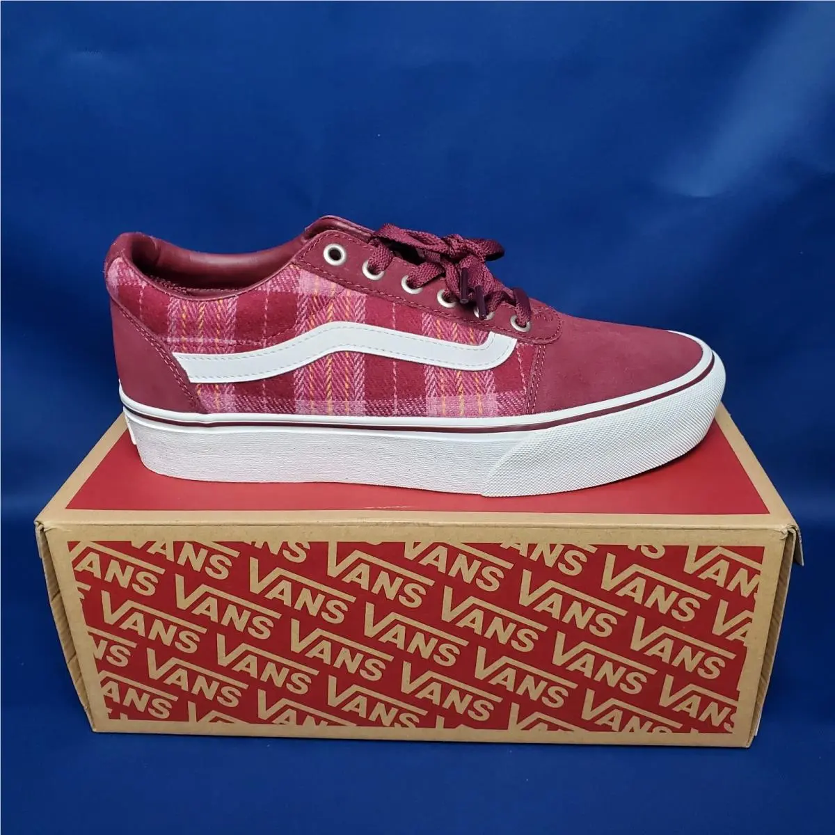 Vans Old Skool Stacked Ward Platform Burgundy Maroon Plaid Mix Womens 9.5