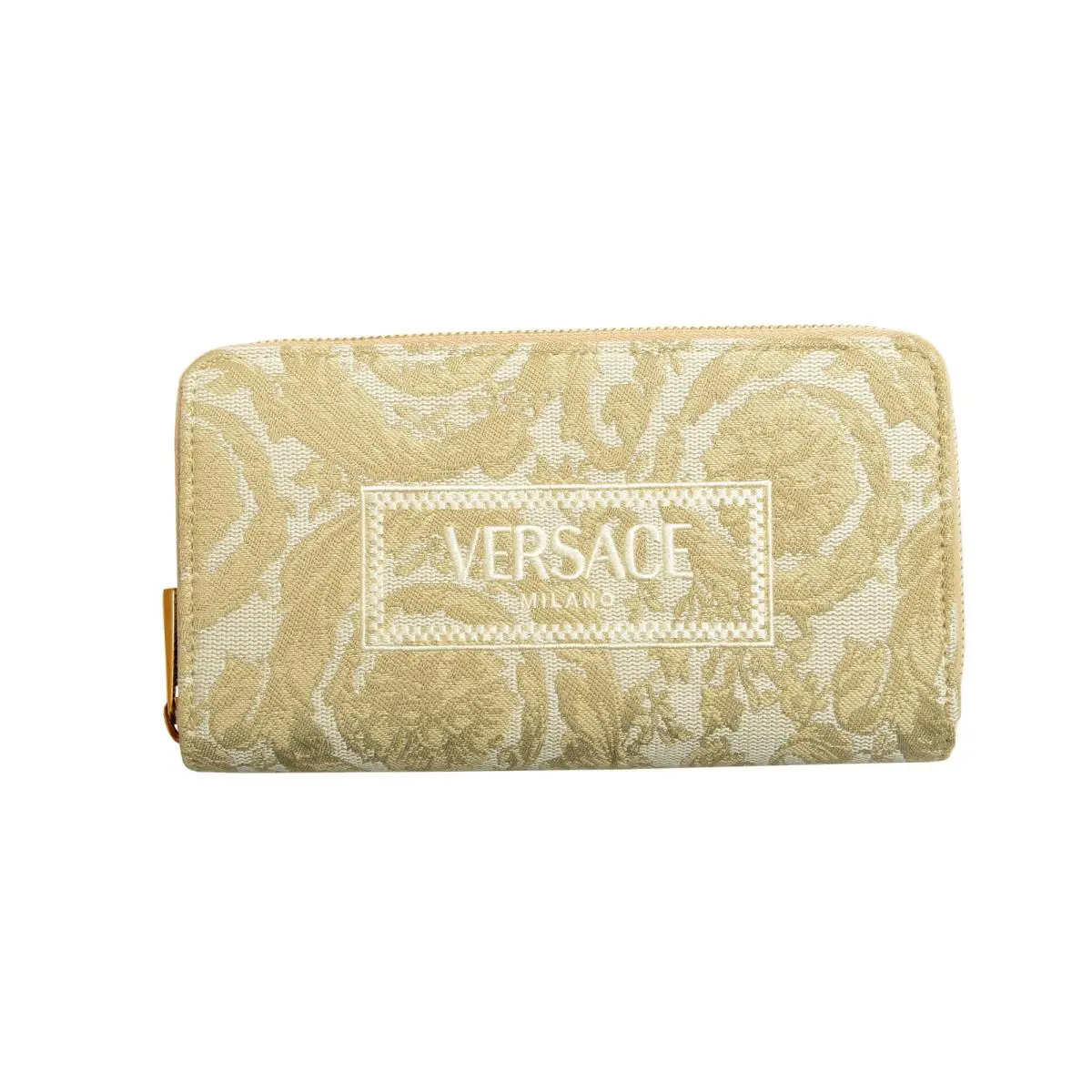 Versace Women`s Beige Logo Embroidery Jacquard Zip Around Wallet