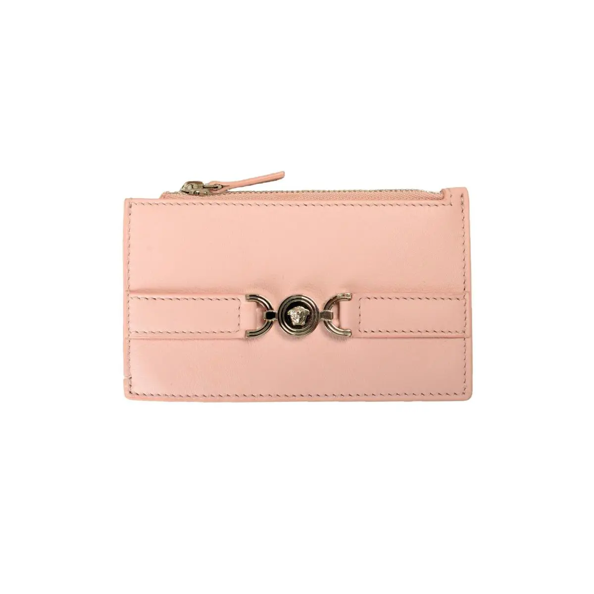 Versace Dusty Rose Leather Silver Medusa Head Card Case Holder