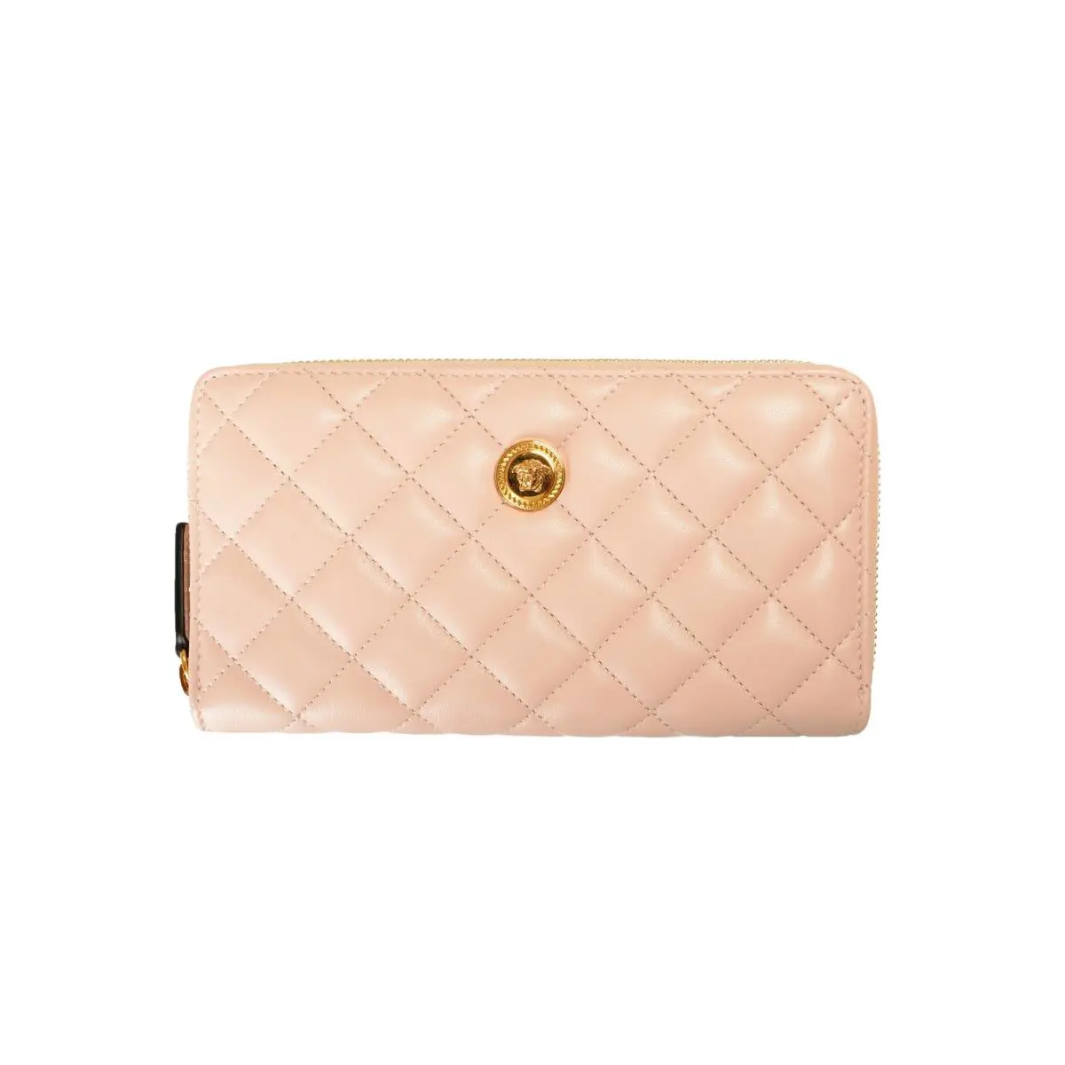 Versace Women`s Soft Pink 100%Leather Gold Medusa Head Quilted Zip Around Wallet