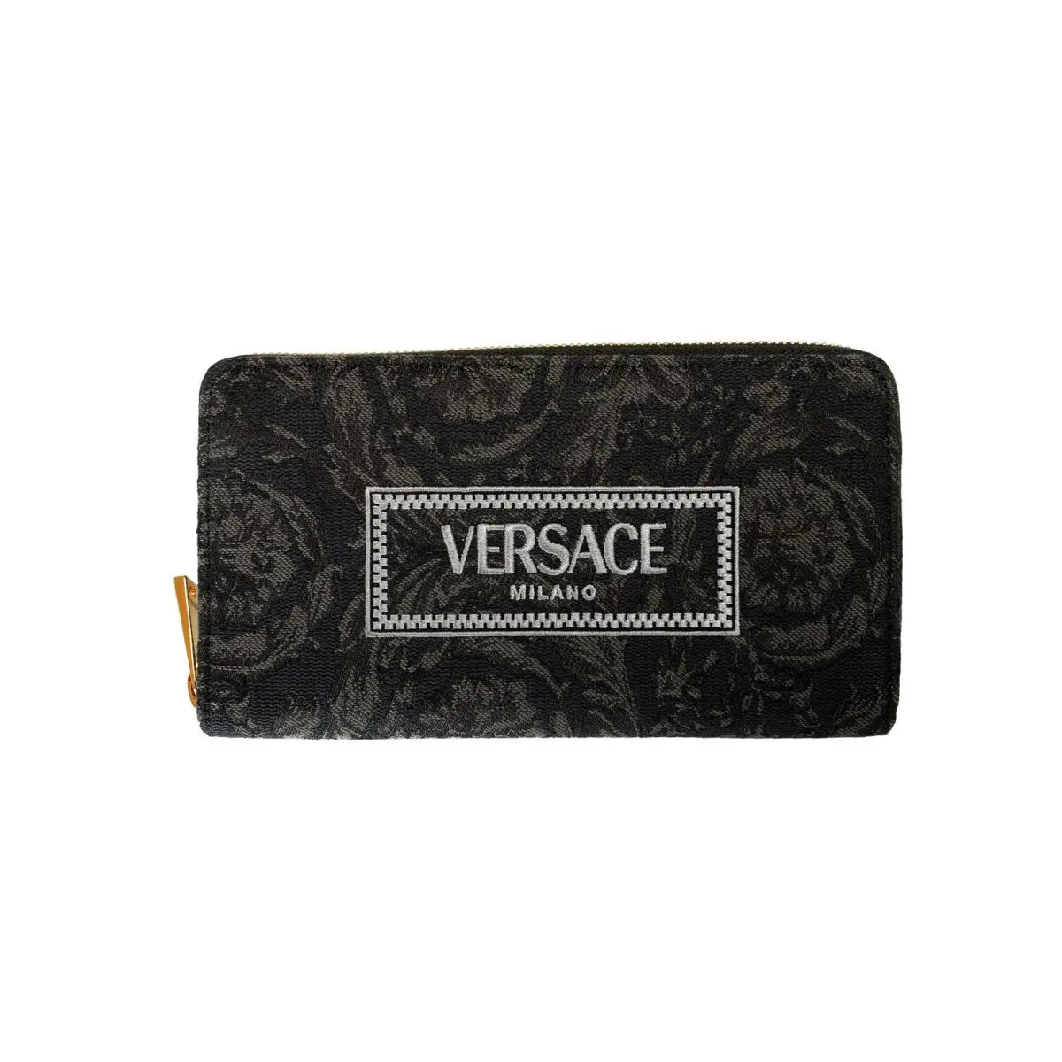 Versace Women`s Black Logo Embroidery Jacquard Zip Around Wallet