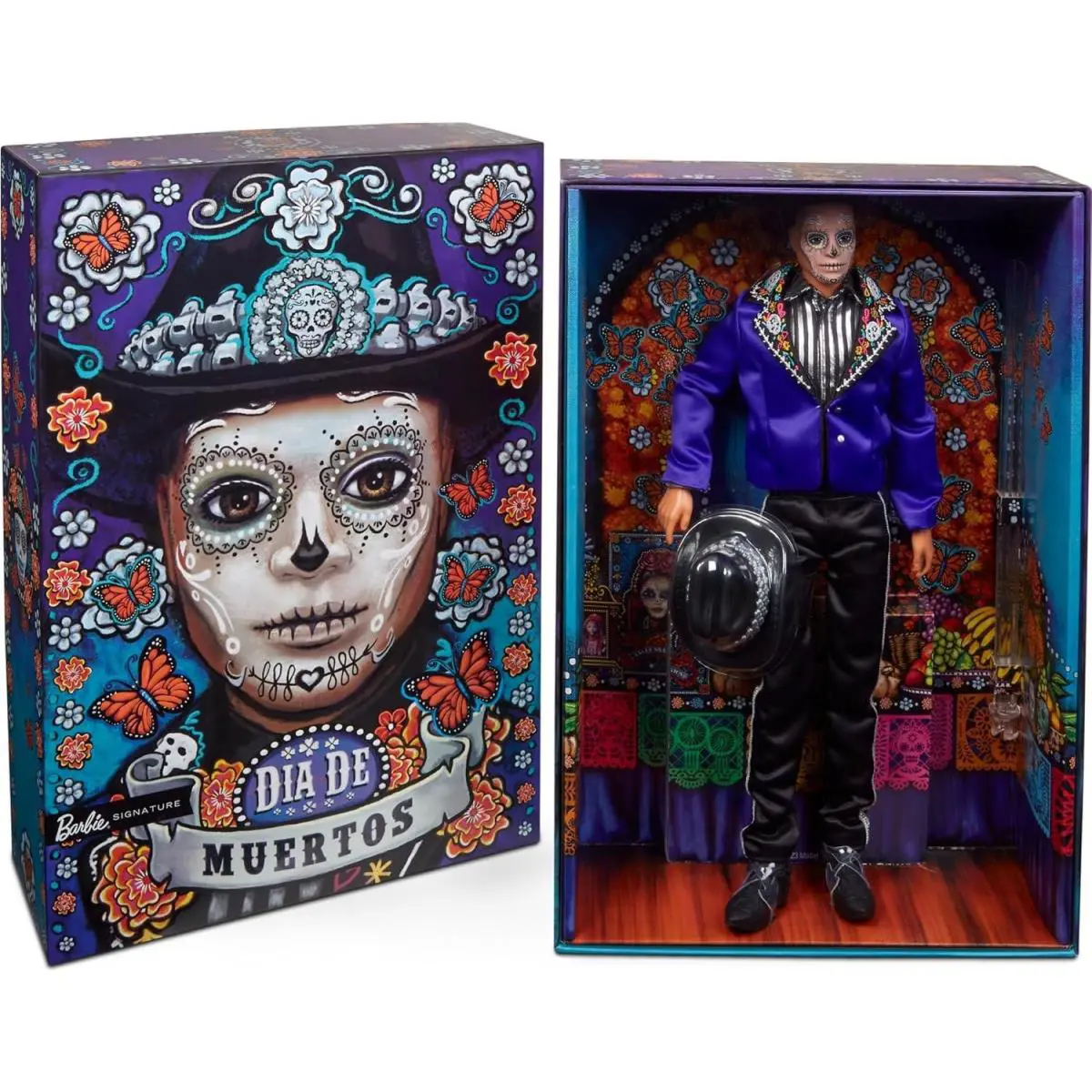 Barbie 2023 Dia de Muertos Ken Signature Doll Blue Jacket Black Hat Stand