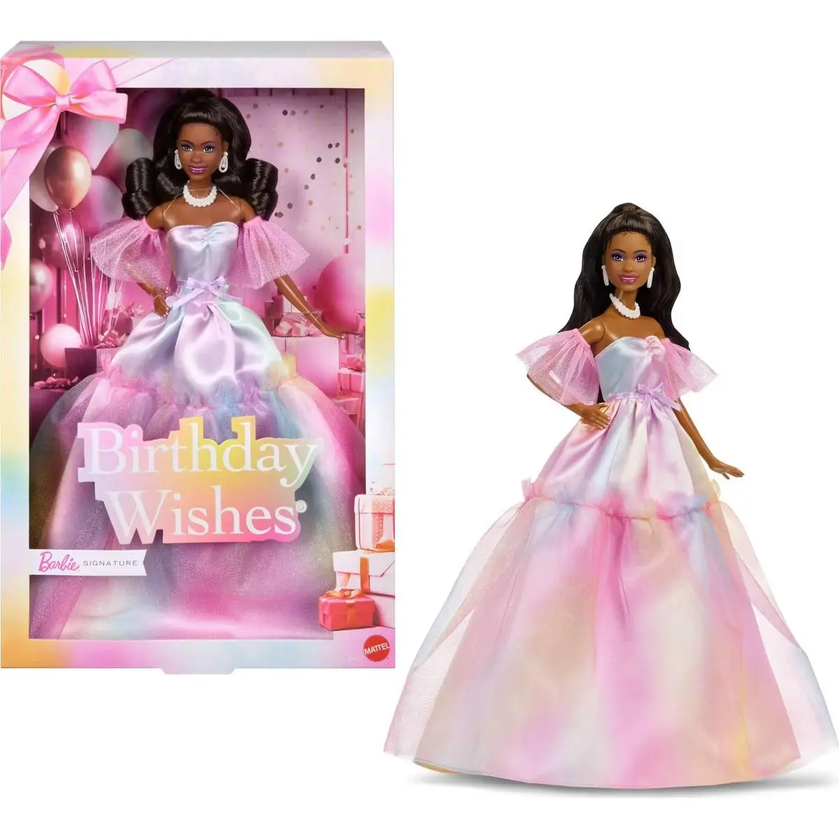 Barbie Signature Birthday Wishes Brunette Doll Pastel Rainbow Effect Dress JJX80