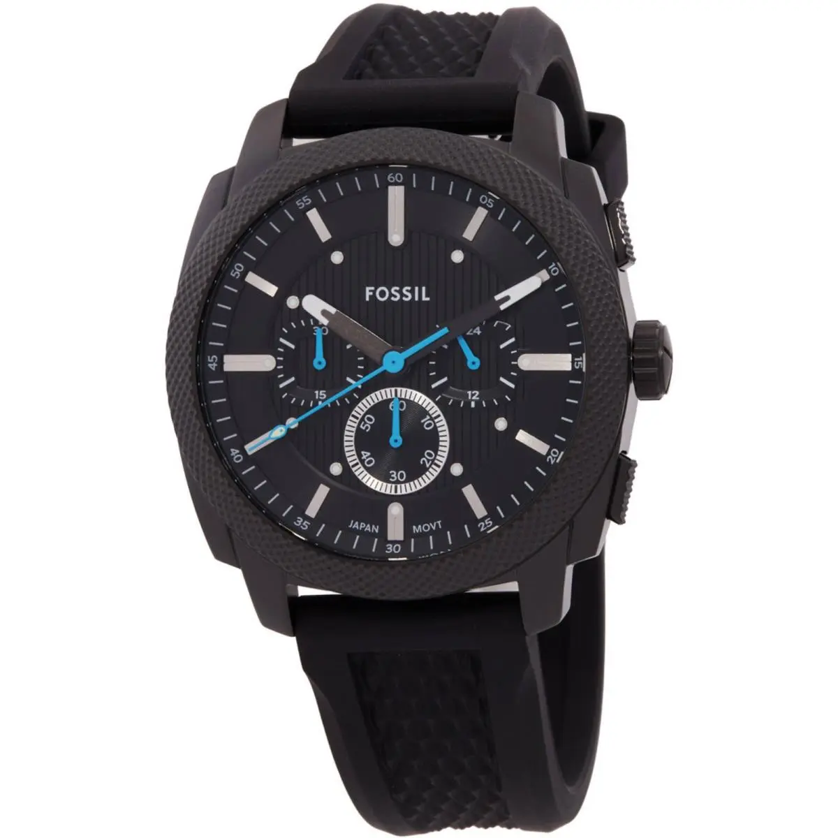 Fossil Men`s Watch Machine Quartz Chronograph Black Dial Silicone Strap FS6099 - Dial: Black, Band: Black