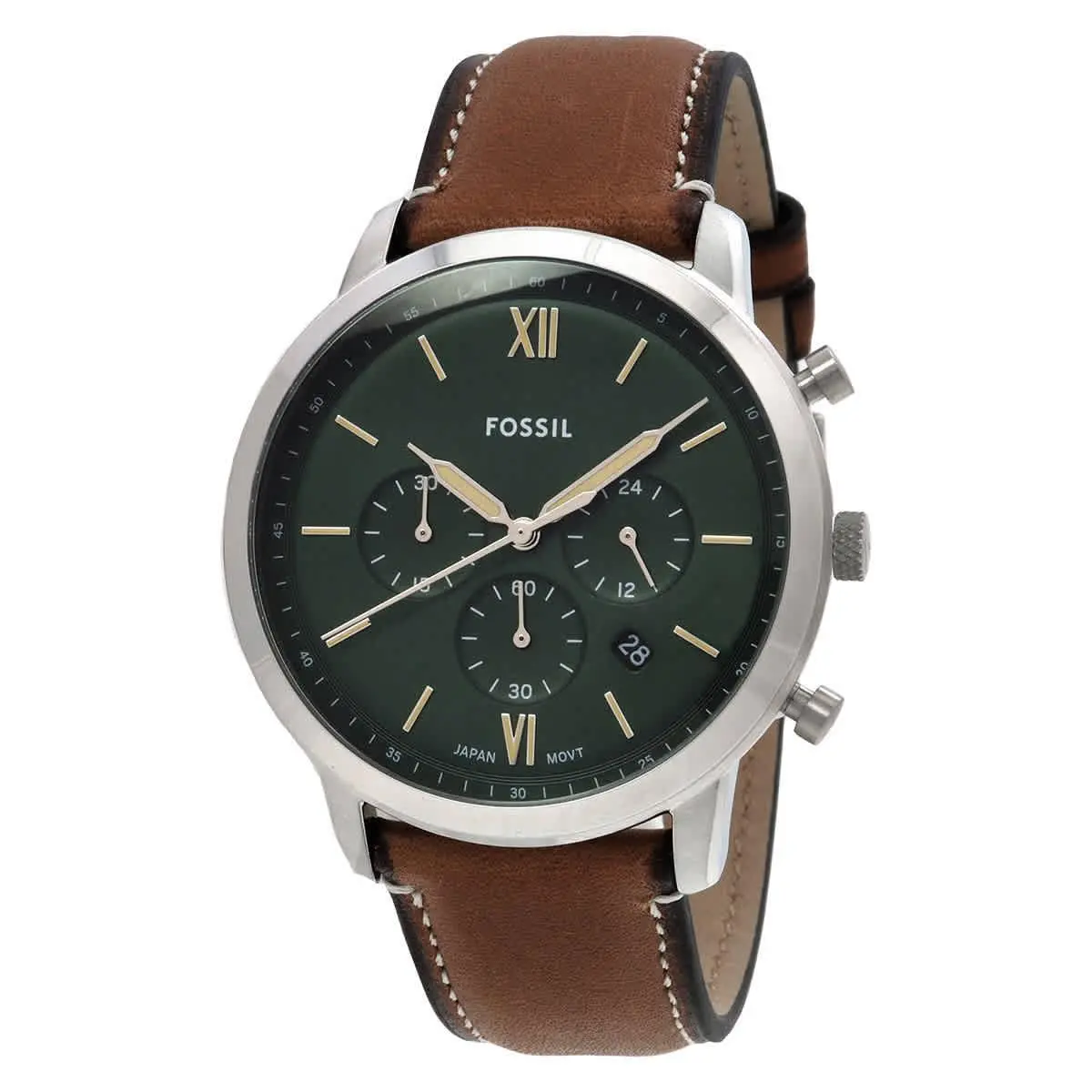 Fossil Neutra Chronograph Quartz Green Dial Men`s Watch FS5963 - Dial: Green, Band: Brown, Bezel: Silver-tone
